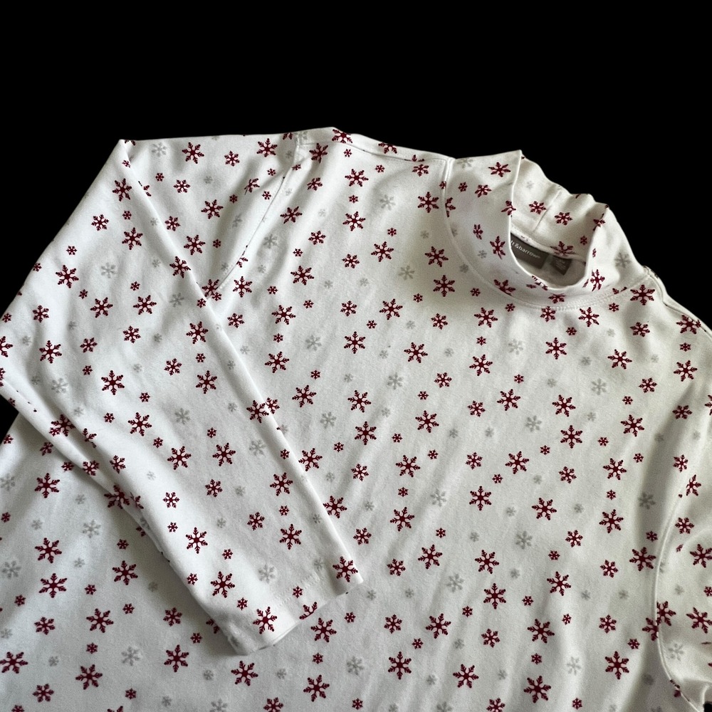 Womens Snowflake Christmas Mock Neck Long Sleeve Top White Burgundy Grey Size 2X